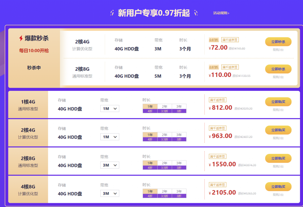 #京东云#新用户专享0.97折起,爆款秒杀2核4G 40GHDD 3M带宽 三个月72元,2核8G 40G HDD5M带宽 三个月110元 #京东云#新用户专享0.97折起,爆款秒杀2核4G 40GHDD 3M带宽 三个月72元,2核8G 40G HDD5M带宽 三个月110元