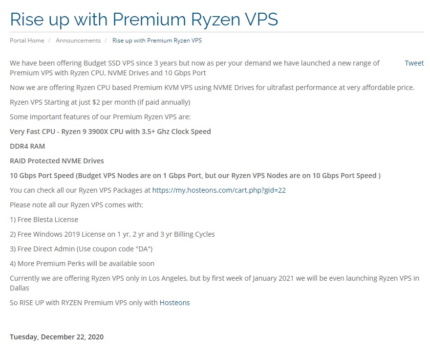 Hosteons:$24/年/Ryzen 9 3900X/512MB内存/10GB SSD空间/500GB流量/10Gbps端口/KVM/洛杉矶/达拉斯