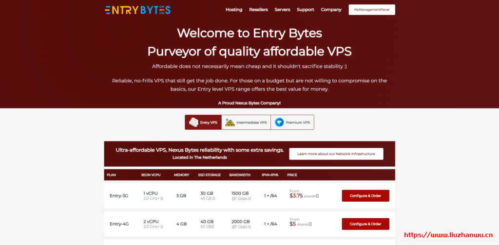 EntryBytes:$38.25/年/3GB内存/30GB SSD空间/1.5TB流量/1Gbps端口/荷兰/洛杉矶/纽约