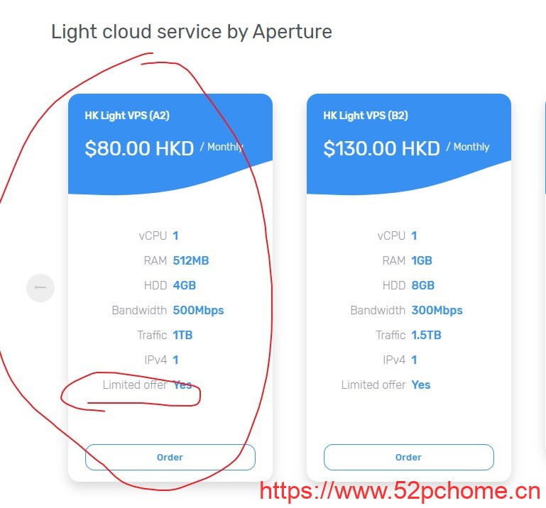 Aperture：$10.7/月/512MB内存/4GB SSD空间/1TB流量/500Mbps端口/VMware/香港/直连；原生IP